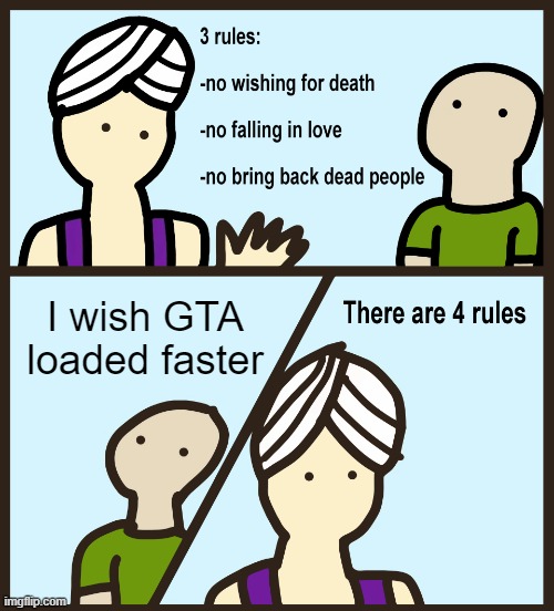 longest loading time | I wish GTA loaded faster | image tagged in genie rules meme | made w/ Imgflip meme maker