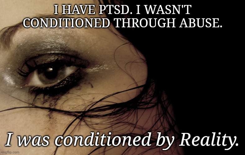 I HAVE PTSD. I WASN'T CONDITIONED THROUGH ABUSE. I was conditioned by Reality. | image tagged in ptsd,reality | made w/ Imgflip meme maker