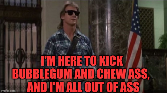 Rowdy Roddy Piper | I'M HERE TO KICK BUBBLEGUM AND CHEW ASS, AND I'M ALL OUT OF ASS | image tagged in rowdy roddy piper | made w/ Imgflip meme maker