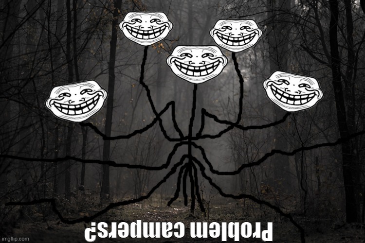The "forest of horrors beyond knowing" incident. | Problem campers? | image tagged in trollge,scary,creepy,spooky,forest,woods | made w/ Imgflip meme maker