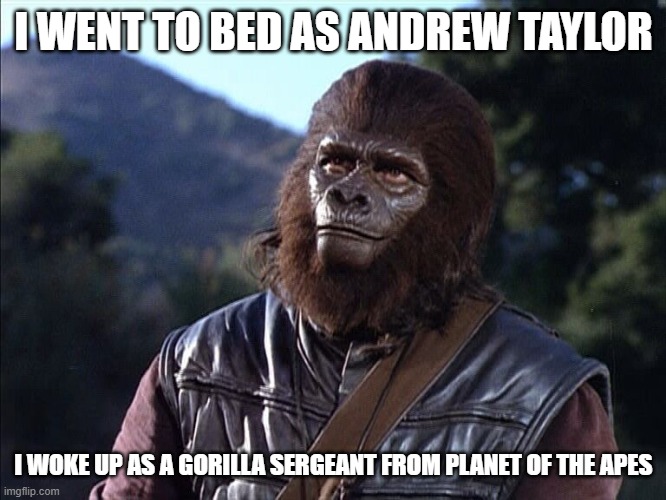 Andrew | I WENT TO BED AS ANDREW TAYLOR; I WOKE UP AS A GORILLA SERGEANT FROM PLANET OF THE APES | image tagged in andrew | made w/ Imgflip meme maker