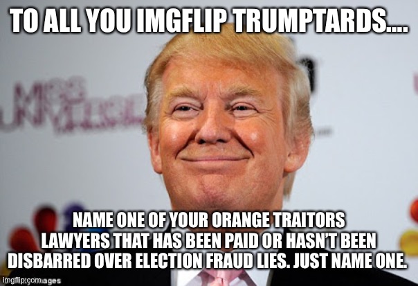 Donald trump approves | TO ALL YOU IMGFLIP TRUMPTARDS…. NAME ONE OF YOUR ORANGE TRAITORS LAWYERS THAT HAS BEEN PAID OR HASN’T BEEN DISBARRED OVER ELECTION FRAUD LIES. JUST NAME ONE. | image tagged in donald trump approves | made w/ Imgflip meme maker