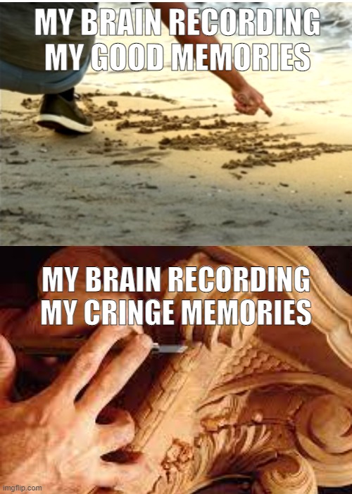 it be like that | MY BRAIN RECORDING MY GOOD MEMORIES; MY BRAIN RECORDING MY CRINGE MEMORIES | image tagged in sand,wood,meme,funny,oh wow are you actually reading these tags | made w/ Imgflip meme maker