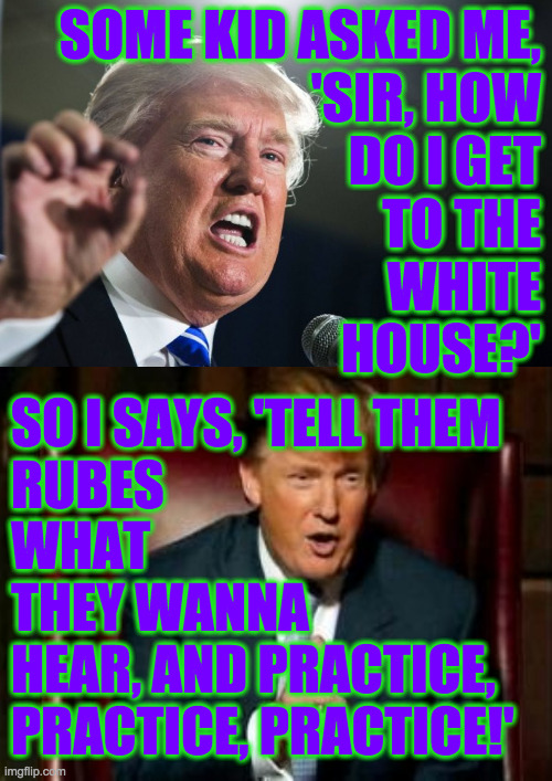 Use it or lose it. | SOME KID ASKED ME,
'SIR, HOW
DO I GET
TO THE
WHITE
HOUSE?' SO I SAYS, 'TELL THEM
RUBES
WHAT
THEY WANNA
HEAR, AND PRACTICE,
PRACTICE, PRACTIC | image tagged in donald trump,memes,lying,he's not wrong | made w/ Imgflip meme maker