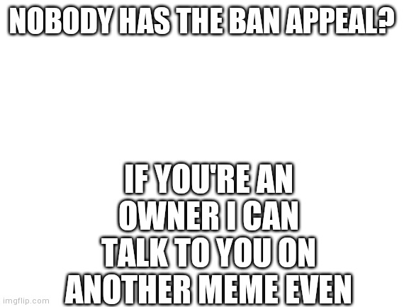 Blank White Template | NOBODY HAS THE BAN APPEAL? IF YOU'RE AN OWNER I CAN TALK TO YOU ON ANOTHER MEME EVEN | image tagged in blank white template | made w/ Imgflip meme maker