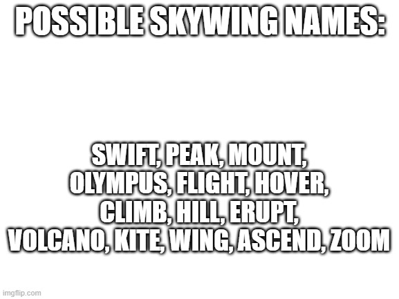 hardest one yet? | POSSIBLE SKYWING NAMES:; SWIFT, PEAK, MOUNT, OLYMPUS, FLIGHT, HOVER, CLIMB, HILL, ERUPT, VOLCANO, KITE, WING, ASCEND, ZOOM | image tagged in blank white template,wof,wings of fire | made w/ Imgflip meme maker