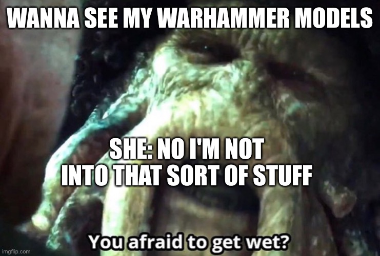 Afraid to get wet? | WANNA SEE MY WARHAMMER MODELS; SHE: NO I'M NOT INTO THAT SORT OF STUFF | image tagged in afraid to get wet | made w/ Imgflip meme maker