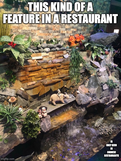 Waterfall in Restaurant | THIS KIND OF A FEATURE IN A RESTAURANT; IS ONLY SEEN IN CHINESE RESTAURANTS | image tagged in restaurant,memes | made w/ Imgflip meme maker