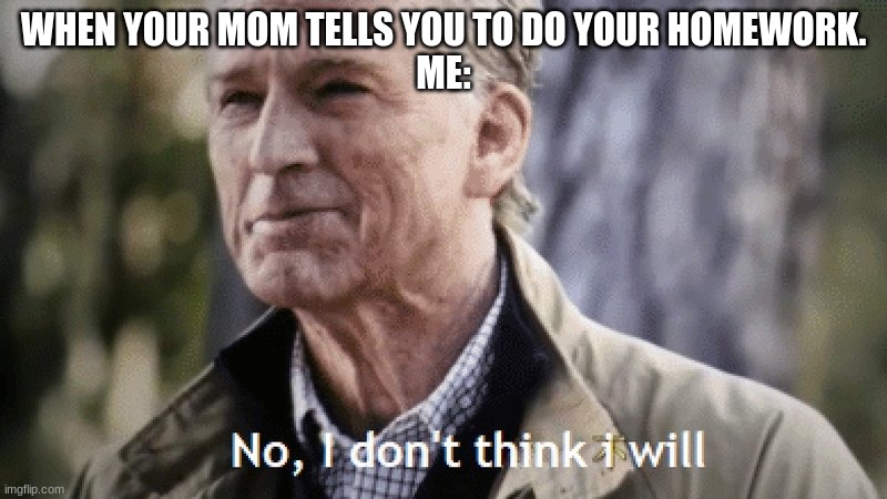 No, i dont think i will | WHEN YOUR MOM TELLS YOU TO DO YOUR HOMEWORK.
ME: | image tagged in no i dont think i will | made w/ Imgflip meme maker