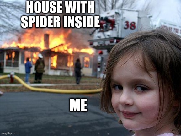 I don't like spiders | HOUSE WITH SPIDER INSIDE; ME | image tagged in memes,disaster girl | made w/ Imgflip meme maker