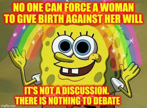Women Don't Need Your Permission Or Consent | NO ONE CAN FORCE A WOMAN TO GIVE BIRTH AGAINST HER WILL; IT'S NOT A DISCUSSION.  THERE IS NOTHING TO DEBATE | image tagged in memes,imagination spongebob,women's rights,abortion,my body my choice,scumbag republicans | made w/ Imgflip meme maker