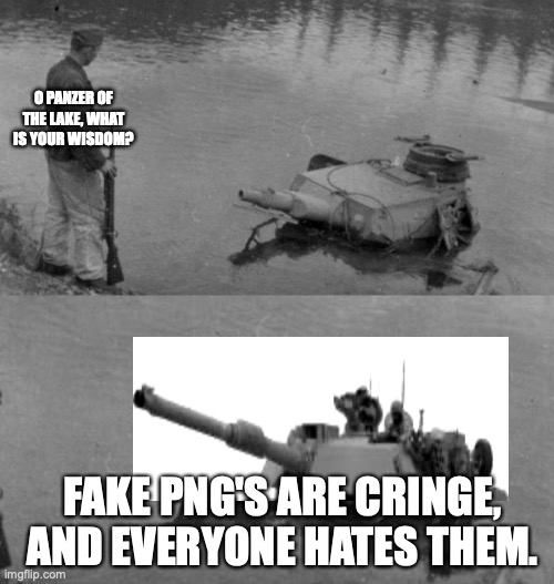 panzer.png | O PANZER OF THE LAKE, WHAT IS YOUR WISDOM? FAKE PNG'S ARE CRINGE, AND EVERYONE HATES THEM. | image tagged in panzer of the lake,funny memes,why,relatable,i have achieved comedy,comedy | made w/ Imgflip meme maker
