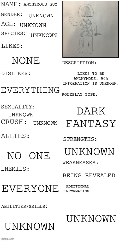 I am so embarrassed | ANONYMOUS GUY; UNKNOWN; UNKNOWN; UNKNOWN; NONE; LIKES TO BE ANONYMOUS. 90% INFORMATION IS UNKNOWN. EVERYTHING; DARK FANTASY; UNKNOWN; UNKNOWN; UNKNOWN; NO ONE; BEING REVEALED; EVERYONE; UNKNOWN; UNKNOWN | image tagged in updated roleplay oc showcase,ocs | made w/ Imgflip meme maker