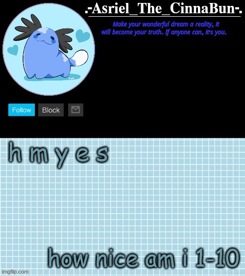 Cinna's Beta Wooper Temp :) | h m y e s; how nice am i 1-10 | image tagged in cinna's beta wooper temp | made w/ Imgflip meme maker