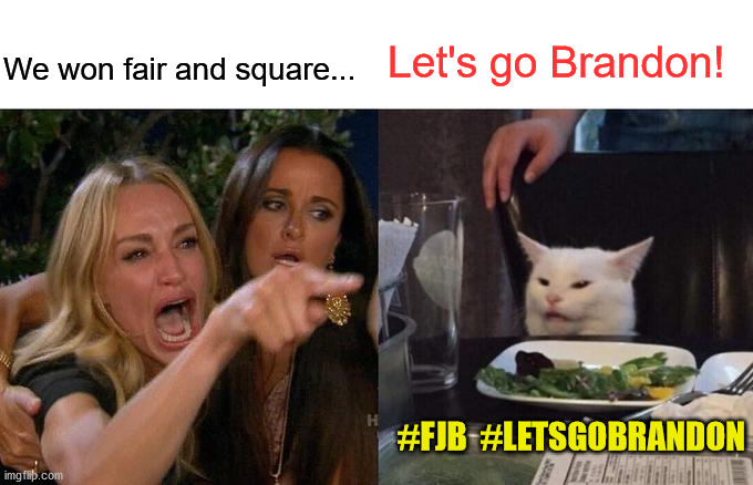 Woman Yelling At Cat | Let's go Brandon! We won fair and square... #FJB  #LETSGOBRANDON | image tagged in memes,woman yelling at cat | made w/ Imgflip meme maker