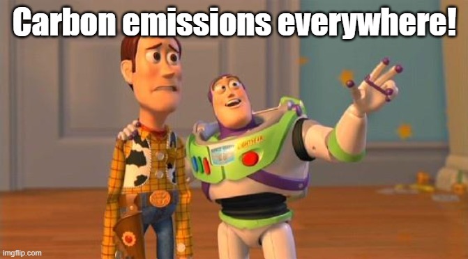 Carbon Emissions Everywhere! |  Carbon emissions everywhere! | image tagged in toystory everywhere | made w/ Imgflip meme maker