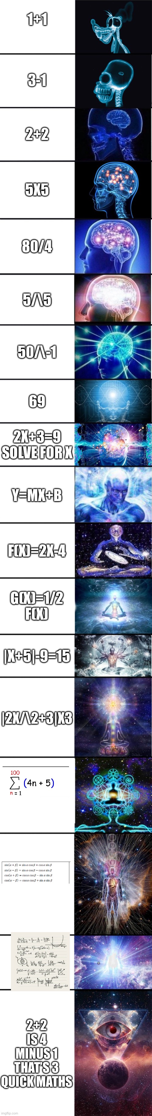 expanding brain: 9001 | 1+1; 3-1; 2+2; 5X5; 80/4; 5/\5; 50/\-1; 69; 2X+3=9 SOLVE FOR X; Y=MX+B; F(X)=2X-4; G(X)=1/2 F(X); |X+5|-9=15; |2X/\2+3|X3; . 2+2 IS 4 MINUS 1 THAT’S 3 QUICK MATHS | image tagged in expanding brain 9001 | made w/ Imgflip meme maker
