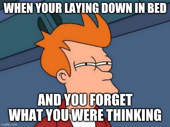 Futurama Fry | WHEN YOUR LAYING DOWN IN BED; AND YOU FORGET WHAT YOU WERE THINKING | image tagged in memes,futurama fry | made w/ Imgflip meme maker