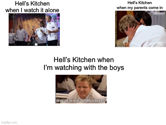 Yes | Hell’s Kitchen when I watch it alone; Hell’s Kitchen when my parents come in; Hell’s Kitchen when I’m watching with the boys | image tagged in blank white template | made w/ Imgflip meme maker
