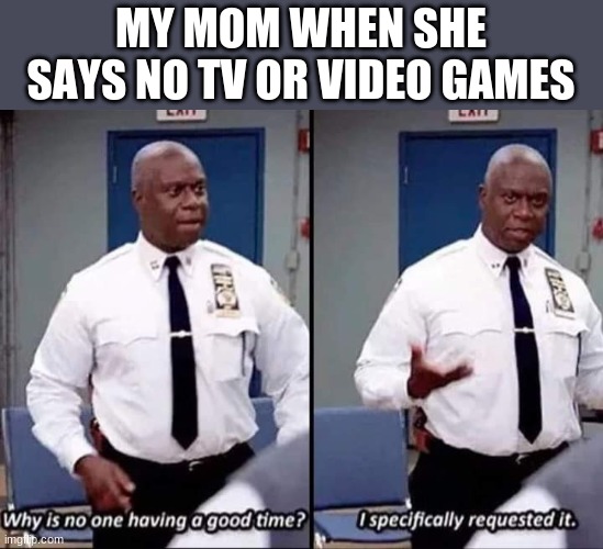 Why is no one having a good time? I specifically requested it | MY MOM WHEN SHE SAYS NO TV OR VIDEO GAMES | image tagged in why is no one having a good time i specifically requested it | made w/ Imgflip meme maker