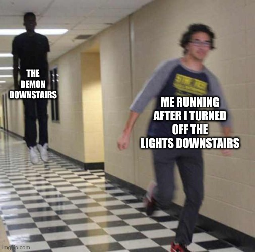 floating boy chasing running boy | THE DEMON DOWNSTAIRS; ME RUNNING AFTER I TURNED OFF THE LIGHTS DOWNSTAIRS | image tagged in floating boy chasing running boy | made w/ Imgflip meme maker