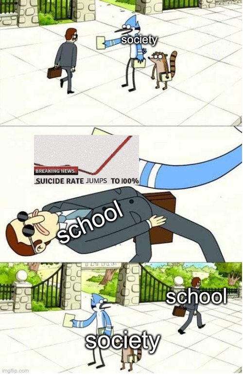 Act like nothing happened | society; school; school; society | image tagged in regular show,school,suicide | made w/ Imgflip meme maker