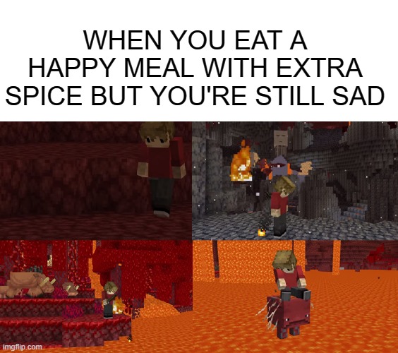 WHEN YOU EAT A HAPPY MEAL WITH EXTRA SPICE BUT YOU'RE STILL SAD | image tagged in blank white template,sad grian nether version | made w/ Imgflip meme maker