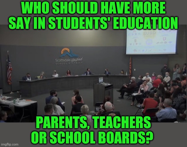 I'm a school parent and a teacher, there needs to be more balance and collaboration | WHO SHOULD HAVE MORE SAY IN STUDENTS' EDUCATION; PARENTS, TEACHERS OR SCHOOL BOARDS? | image tagged in school board | made w/ Imgflip meme maker