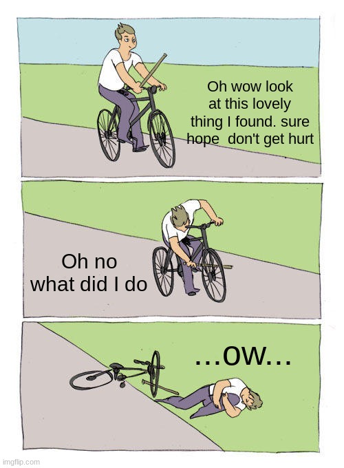 worst meme of the millenium | Oh wow look at this lovely thing I found. sure hope  don't get hurt; Oh no what did I do; ...ow... | image tagged in memes,bike fall | made w/ Imgflip meme maker