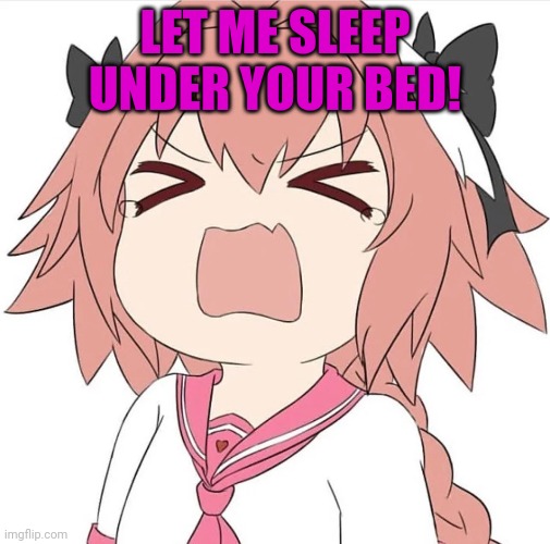 Don't fall for it! | LET ME SLEEP UNDER YOUR BED! | image tagged in astolfo cry,astolfo,cute,anime boi,sleep | made w/ Imgflip meme maker