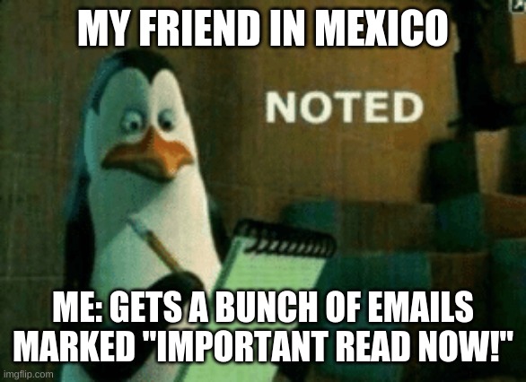 Noted.... | MY FRIEND IN MEXICO; ME: GETS A BUNCH OF EMAILS MARKED "IMPORTANT READ NOW!" | image tagged in noted | made w/ Imgflip meme maker