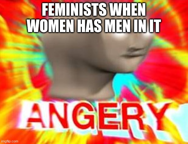 Surreal Angery | FEMINISTS WHEN WOMEN HAS MEN IN IT | image tagged in surreal angery | made w/ Imgflip meme maker