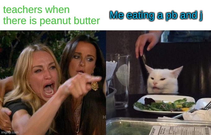 Woman Yelling At Cat Meme | teachers when there is peanut butter; Me eating a pb and j | image tagged in why am i doing this | made w/ Imgflip meme maker