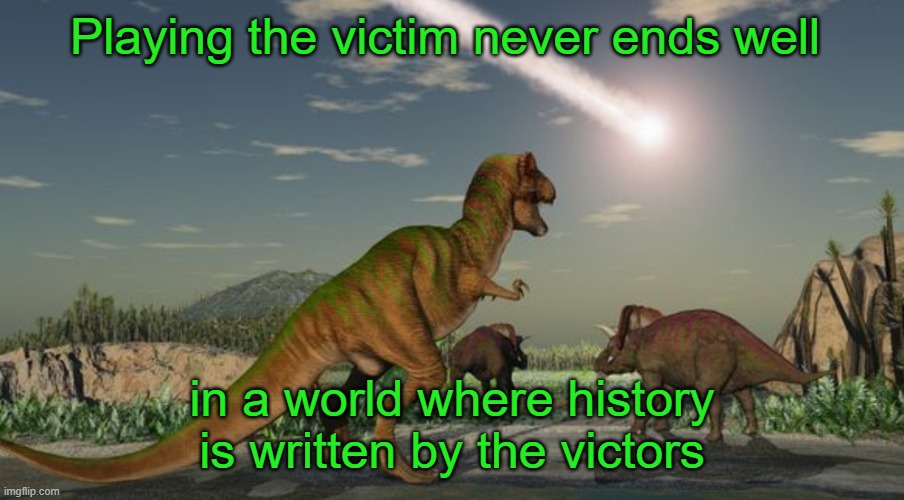 Dinosaurs meteor | Playing the victim never ends well; in a world where history is written by the victors | image tagged in dinosaurs meteor | made w/ Imgflip meme maker