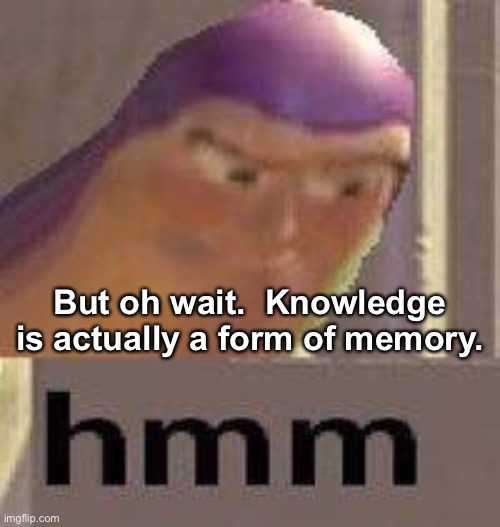 Buzz Lightyear Hmm | But oh wait.  Knowledge is actually a form of memory. | image tagged in buzz lightyear hmm | made w/ Imgflip meme maker