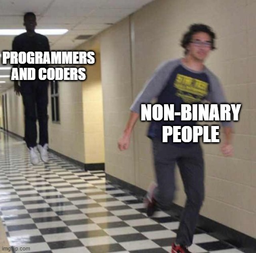 floating boy chasing running boy | PROGRAMMERS AND CODERS; NON-BINARY PEOPLE | image tagged in floating boy chasing running boy | made w/ Imgflip meme maker