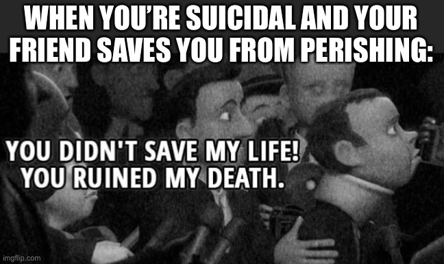 oof | WHEN YOU’RE SUICIDAL AND YOUR FRIEND SAVES YOU FROM PERISHING: | image tagged in you ruined my death | made w/ Imgflip meme maker