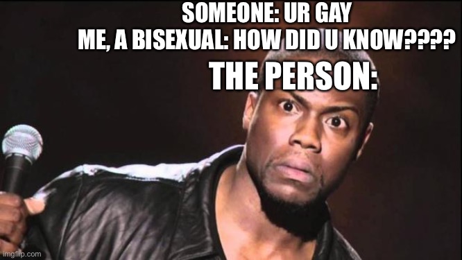 this sh1ts gettin real | SOMEONE: UR GAY
ME, A BISEXUAL: HOW DID U KNOW???? THE PERSON: | image tagged in kevin heart idiot | made w/ Imgflip meme maker