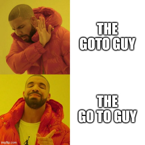 Drake Blank | THE GOTO GUY; THE GO TO GUY | image tagged in drake blank,ProgrammerHumor | made w/ Imgflip meme maker