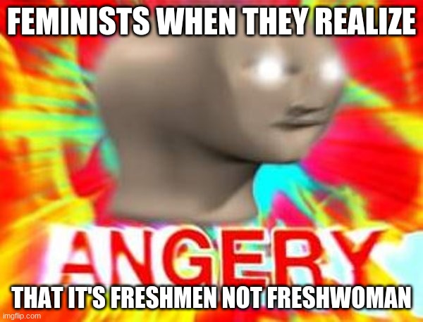 Surreal Angery | FEMINISTS WHEN THEY REALIZE; THAT IT'S FRESHMEN NOT FRESHWOMAN | image tagged in surreal angery | made w/ Imgflip meme maker