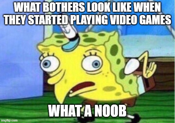 Mocking Spongebob | WHAT BOTHERS LOOK LIKE WHEN THEY STARTED PLAYING VIDEO GAMES; WHAT A NOOB | image tagged in memes,mocking spongebob | made w/ Imgflip meme maker