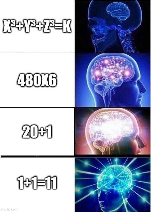 Expanding Brain Meme | X³+Y³+Z³=K; 480X6; 20+1; 1+1=11 | image tagged in memes,expanding brain | made w/ Imgflip meme maker