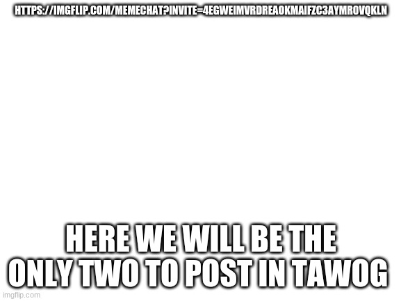 Blank White Template | HTTPS://IMGFLIP.COM/MEMECHAT?INVITE=4EGWEIMVRDREAOKMAIFZC3AYMR0VQKLN; HERE WE WILL BE THE ONLY TWO TO POST IN TAWOG | image tagged in blank white template | made w/ Imgflip meme maker