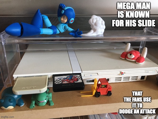 Mega Man Slide | MEGA MAN IS KNOWN FOR HIS SLIDE; THAT THE FANS USE IT TO DODGE AN ATTACK | image tagged in megaman,memes | made w/ Imgflip meme maker