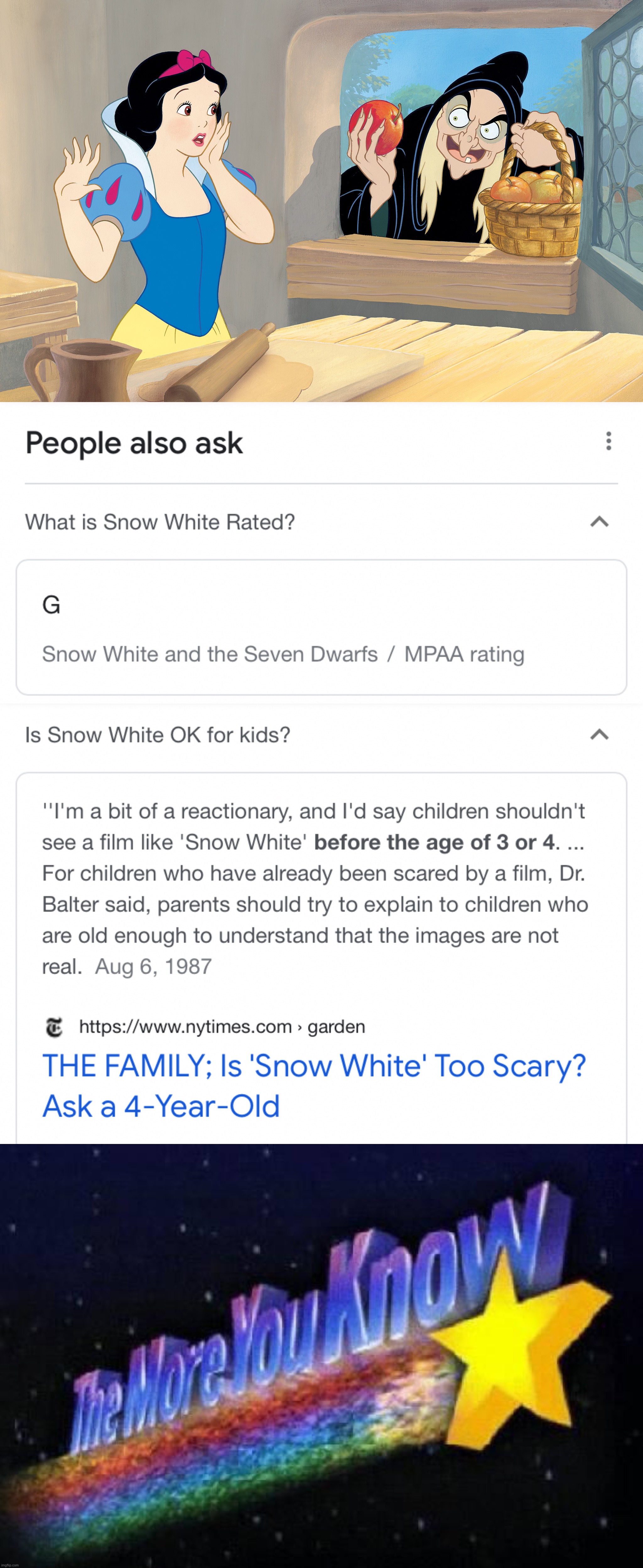 Competing perspectives on the appropriateness of Snow White for children [UPSHOT: May not be suitable for ages younger than 3-4] | image tagged in snow white poison apple,what is snow white rated,the more you know,snow white,disney,rated g | made w/ Imgflip meme maker