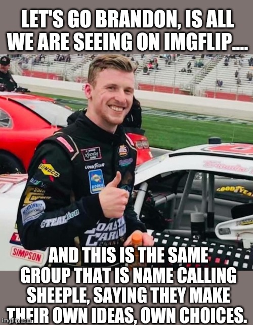 Cant that group come up with anything else?  They say the left cant meme.  Haha | LET'S GO BRANDON, IS ALL WE ARE SEEING ON IMGFLIP.... AND THIS IS THE SAME GROUP THAT IS NAME CALLING SHEEPLE, SAYING THEY MAKE THEIR OWN IDEAS, OWN CHOICES. | image tagged in brandon brown | made w/ Imgflip meme maker