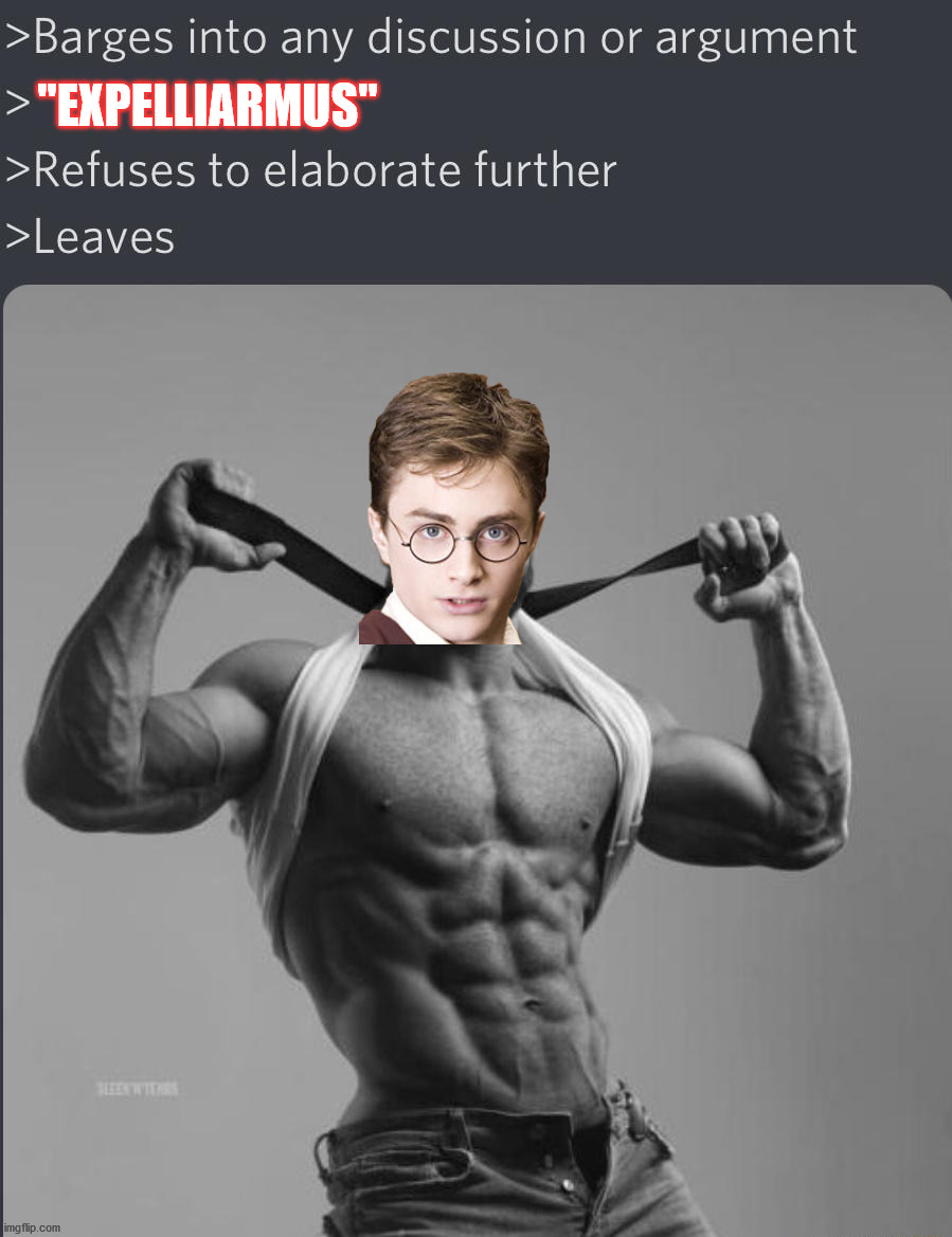 EXPELLIARMUS | "EXPELLIARMUS" | image tagged in chad barges into discussion,expelliarmus,harry potter,chad harry | made w/ Imgflip meme maker