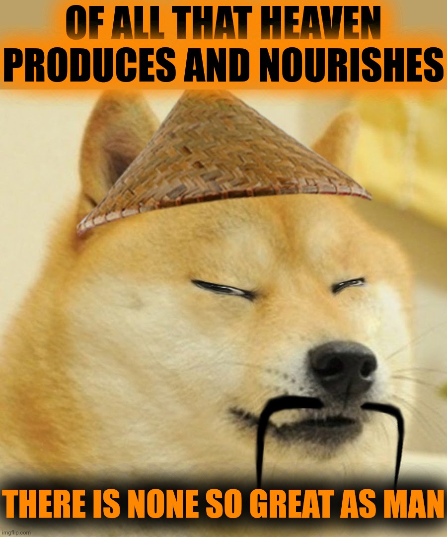 Barkfucius asian Doge Barkfucious | OF ALL THAT HEAVEN PRODUCES AND NOURISHES THERE IS NONE SO GREAT AS MAN | image tagged in barkfucius asian doge barkfucious | made w/ Imgflip meme maker