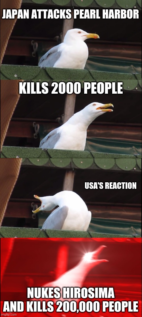 Japan vs USA WW@ | JAPAN ATTACKS PEARL HARBOR; KILLS 2000 PEOPLE; USA'S REACTION; NUKES HIROSIMA AND KILLS 200,000 PEOPLE | image tagged in memes,inhaling seagull | made w/ Imgflip meme maker