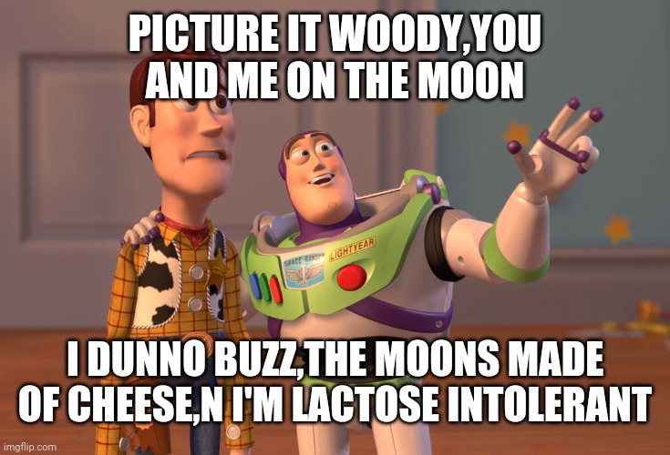 X, X Everywhere |  PICTURE IT WOODY,YOU AND ME ON THE MOON; I DUNNO BUZZ,THE MOONS MADE OF CHEESE,N I'M LACTOSE INTOLERANT | image tagged in memes,x x everywhere | made w/ Imgflip meme maker